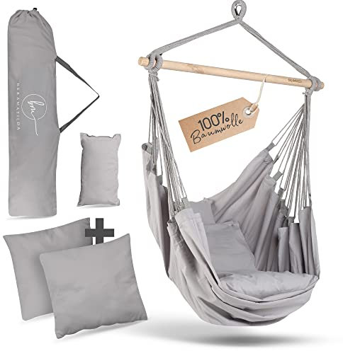 BELLAMATILDA® Hängesessel 100% Baumwolle + 360° Montagezubehör, extra lang und 3 Kissen, Hängesessel Outdoor & Indoor, XXL-Hängesitz für Erwachsene & Kinder bis 150 kg, Garten, Wohnzimmer, Balkon-Grau
