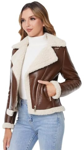 DIASHINY Women's Faux Shearing Fur Winter Coat Warm Thick Fur Lined Faux Leather Jacket (039 Brown,L)