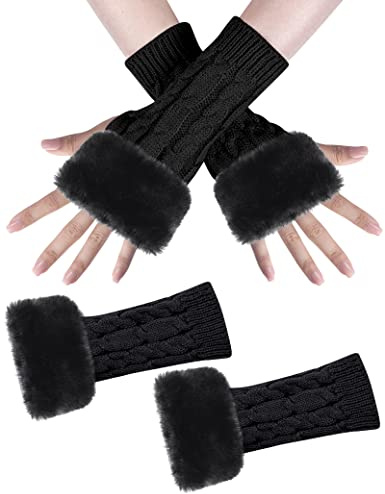 MELLIEX 1 Paar Damen Fingerlose Handschuhe, Winter Armstulpen Handschuhe Fingerlos Warm Plüsch Gestrickte Kurze Fäustlinge für Damen Mädchen（Schwarz）