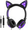 Olyre Casco para niño con Orejas de Gato LED Luminosas, Plegable Ligero con Cable de Audio de 3,5 mm para Smartphone, Tableta, IPadViolet+Negro
