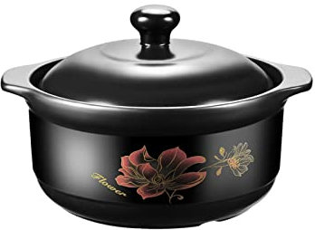 1.1L Mini Bote De Cerámica, Redondo Plato De Cacerola De Cerámica SHABU Pot Caliente Maceta De Barro Bote Antiadherente Puchero Utensilios De Cocina Con Tapa Para 1 Gente (Negro)