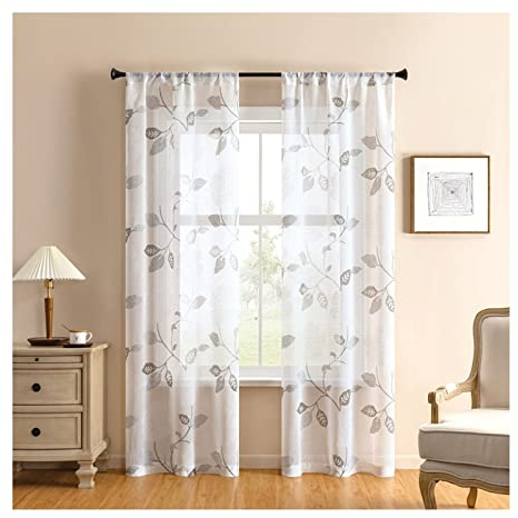 Banemi Vorhang Kurz Vintage, Graue Gardinen 2er Set Polyester Transparentes Blumenblatt Schlafzimmer Dekorative Vorhänge 132x160cm