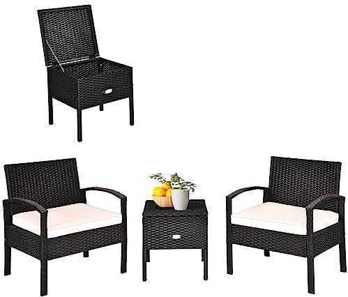 KOMFOTTEU 3 TLG. Rattan Balkonset, 2 er Gartensessel inkl. Couchtisch mit Stauraum & herausnehmbaren Kissen, Rattanmöbel Set, Gartengarnitur Balkonmöbel Set für Balkon Terrasse Garten