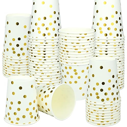 RAINPOP Lot de 100 gobelets en carton de 250 ml - Gobeletsde fête à pois dorés - Gobeletspour fête, anniversaire, mariage, gobeletsen papier biodégradables - Pour thé, boissons chaudes et froides