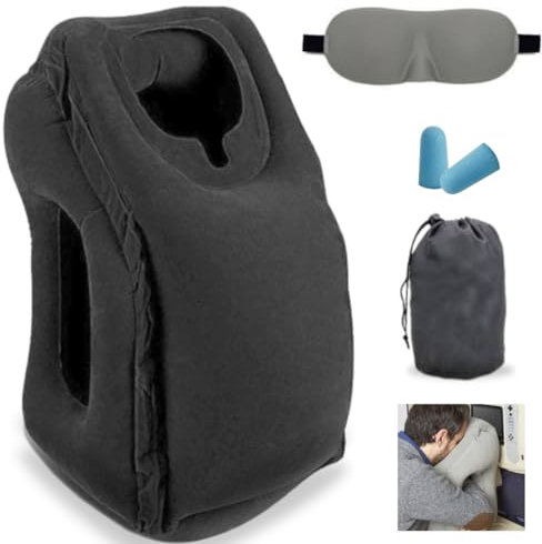 Prismia Almohada de Viaje Hinchable para Avión, Coche, Tren, Bus, Oficina. Incluye Tapones para Oídos, Antifaz y Bolsa Portátil - Cojín Cervical Inflable - Reposacabezas para Cuello (Negro)