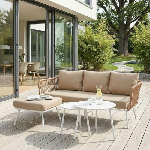 IDIMEX Gartenlounge Mykonos, weiß/beige - Balkon Lounge Sofa mit Dreisitzer, Hocker & Beistelltisch, Wasserabweisende Kissen, wetterfest für Balkon und Terrasse