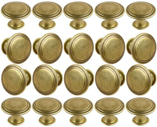 YOIPE Pack of 20 Flat Round Shape Drawer Pulls Red Antique Brass Furniture Cupboard Zinc Alloy Dresser Knobs Door Window Pull Handles Cabinet Hardware for Closet Wardrobe Pulls with Screws
