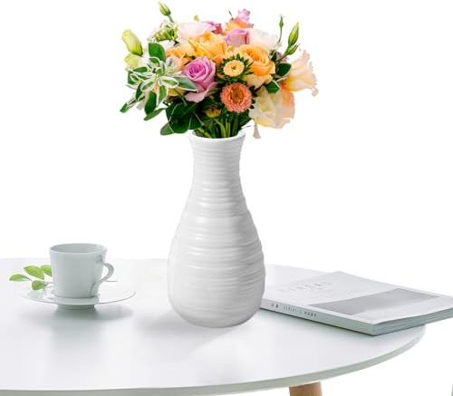 Unbreakable Vase for Flowers, Ceramic Look Plastic Vase for Home Decor, Living Room, Table (Seashell White)