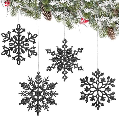 Kesote 24 Schneeflocken Deko Schwarz Weihnachtsdeko Anhänger Weihnachtsbaumschmuck Glitzer Weihnachtsbaum Weihnachten