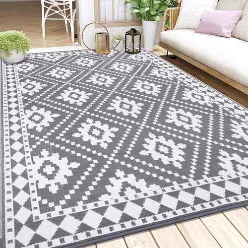 Enyhom Groß Außenteppich 240 x 300 cm, Robuster Flachgewebe Kunststoff Picknickdecke, Wendbarer UV-beständige Campingmatte, Wasserdicht Farbecht Balkonteppich für Outdoor RV Camping, Grau