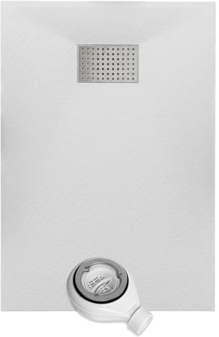Thermopanel SMC White Shower Trays Base Slate Stone Effect Textured Non Slip with Waste and Stainless Steel Cover - 1200 x 800mm