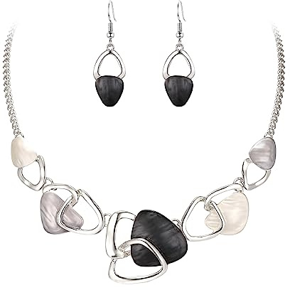 EVER FAITH Emaille unregelmäßige Dreieck böhmischen Boho Statement-Schmuck-Sets für Damen, Mode Modeschmuck Anhänger Halskette Ohrringe Set Schmuck Geschenke für Damen Schwarz Silber-Ton