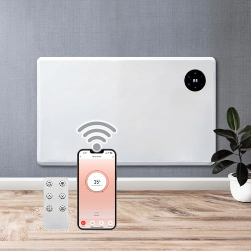 Purus 1200W WiFi Electric Panel Heater, Wall Mounted & Freestanding, White | 1200W smart heater with app, Alexa and Google Home control, 14m² coverage, 5–35°C thermostat, open-window detection and IP24.