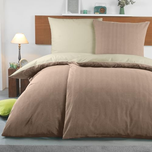 BaSaTex Biber Uni Bettwäsche Set - Bettbezug 4 teilig 2X 155xx220 + 2X 80x80 Kissenbezug - kuschelige warme Winter Flausch Bettgarnitur - Taupe Natur