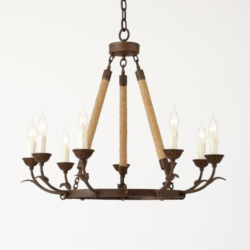 Homary Candlely 8-Light Rustikaler Kronleuchter, Eisen & Hanfseil Pendelleuchte Nautischer Stil Metall Kandelaber mit verstellbarer Kette, Vintage Bauernhaus Beleuchtung für Esszimmer & Foyer