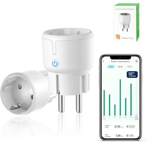 Prise intelligente WLAN, prise wifi avec minuterie, mini - prise, télécommande d'application, mesure de courant, compatible Alexa/Google home, seulement 2,4 GHz, 10A