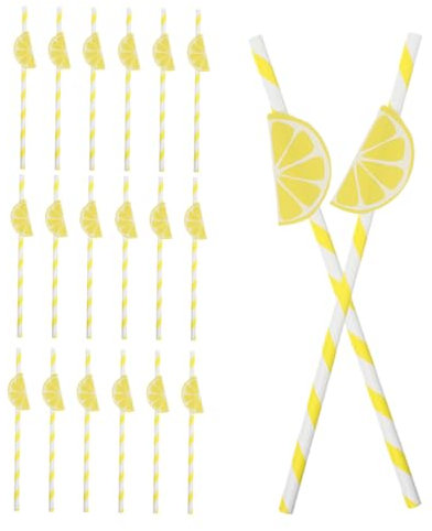ROMISBABA 40pcs Lemon Paper Straws Yellow Striped Decorative Party Straws Summer Birthday Supplies Travel Friendly for Events