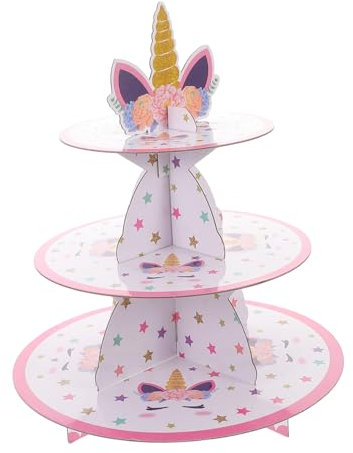 WEKADRIN Unicorn Cake Stand Three-tiered Dessert Display for Birthday Parties Weddings and Events Made from Food-safe Paper for Showcasing Cakes and Cupcakes Charming Unicorn Design