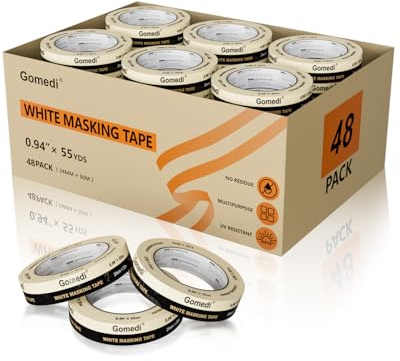 Gomedi 48 Rolls Bulk Masking Tape 1 Inch Wide, General Purpose Beige Crepe - Multi-Surface for Painting, Art, Drafting, Crafts - UV Resistant, 0.94 in x 55 Yd (Total 2,640 Yards)