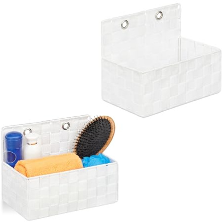 Relaxdays Cesta Organizadora Colgante, Set 2, Efecto Trenzado, Baño, Pasillo, Cestita Pared, 20 x 25 x 16,5 cm, Blanco, Plástico, Hierro, 20x25x16,5 cm