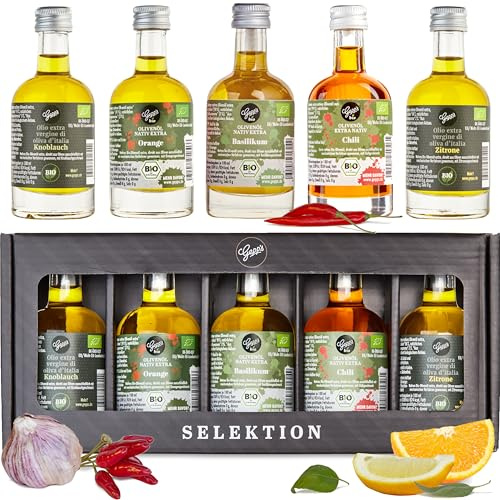 Gepp‘s Feinkost Öl Geschenkbox „Öl-Clutch“ I Gewürzöl Set mit 5 BIO-Ölen | Olivenöl Basilikum, Chili, Knoblauch, Orange & Zitrone I Geschenkidee für Männer & Frauen