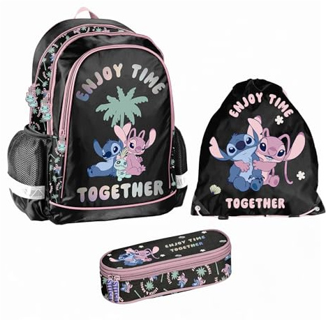 PASO- Schulranzen für Jungen und Mädchen, 3er-Set - Schul-Rucksack für Kinder mit Federmäppchen - Schuhbeutel - Stitch Motiv- 1-3 Klasse