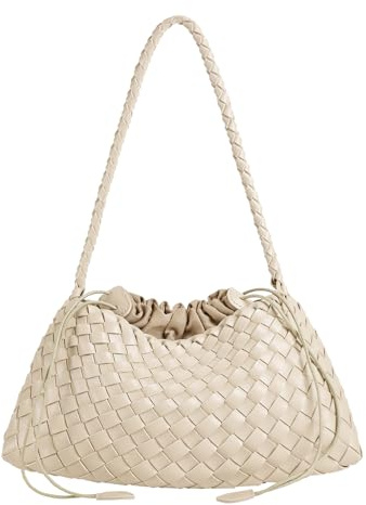 Leather Basket Woven Handbag, Vegan Leather Shoulder Cute Hobo Purse, Woven Underarm Bag with Purse, Beige