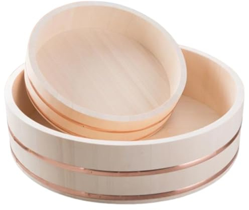 Vnook Traditional Japanese Hangiri Oke, Wooden Sushi Rice Bowl with Copper Bands, Sushi Rice Stirring Bowl for Restaurant, Home, Kitchen(30x8cm)