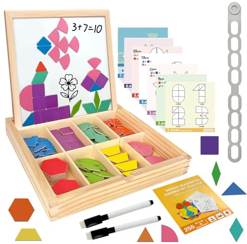 Trä Magnetiska Mönsterblock Set, 234 Pcs Montessori Tangram Pussel Lärande Leksaker, Magnetic Geometric Shape Puzzle för Pojkar Flickor Barn Födelsedagsresor