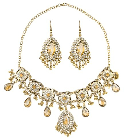 VLYX Traditional Indian Jewellery Set for Women - Necklace & Jhumka Earrings - Boho Ethnic Style for Wedding Party & Festive Accessories (Champagne)