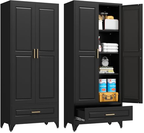 TIMELESS PIECES Metallschrank mit Schubladen Aktenschrank 190 x 80 x 40 cm | Stahlschrank mit 3 verstellbaren Einlegeböden,Aufbewahrungsschrank mit 2 Türen Werkstattschrank für Haus Büro Garage Schwarz