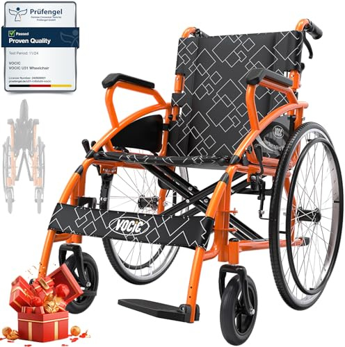 VOCIC Lightweight Folding Wheelchair, Double Brakes,Max 150KG, Self Propelled Transport Wheelchairs for Disabled, Stable and Robust, 60cm Rear Tire for All Terrains, 5 Year Support