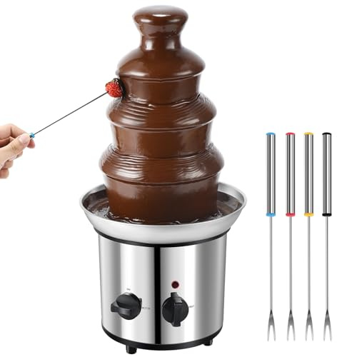 Chocolate Fountain, 4 Tiers Electric Melting Machine Chocolate Fondue Fountain Set with 6pcs Stainless Steel Forks, 4-Pound Capacity for Nacho Cheese, BBQ Sauce, Ranch