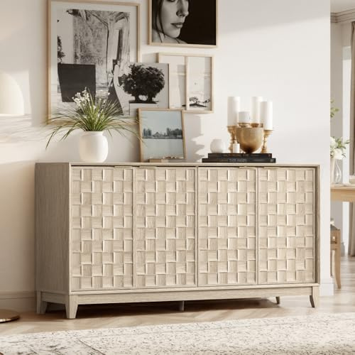 COLAMY 60 Sideboard Buffet Cabinet with Storage, Modern 4-Door Buffet Table with 3D Checkerboard Doors & Solid Wood Legs, Large Coffee Bar Cabinet for Dining Room, Living Room, Entryway,Oak Mist