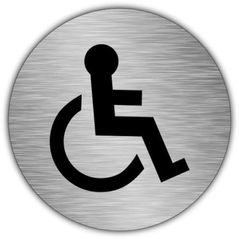 V Safety Disabled Toilet Sign with Self Adhesive Backing – 75mm Round Aluminium Accessible WC Door Sign Made in UK – Brushed Silver 0.5mm Metal – Single Sign or Packs of 5, 10, 20 (1)