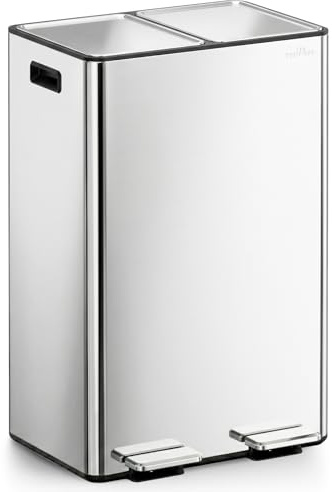 mVm Cubo de Basura para la Cocina, 2 Compartimentos 2 x 30L Cubo de Basura Cocina, Papelera Moderna y Robusta, Cierre Suave, para Cocina, Salón, Plata