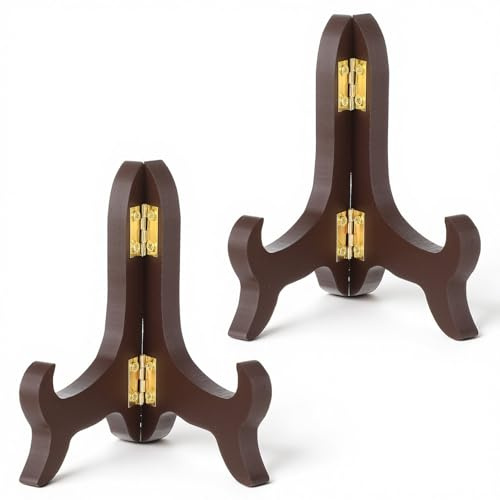 FNANJWQ 2 Pcs Brown Wooden Plate Stands, 4 Easel Plate Holder Folding Display Stand Brown Artwork Display Stands Easels Dish Rack Holders for Decorative Picture Frame