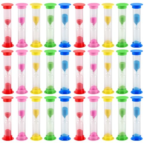 MUKSUET 30 Stück Sanduhr 1 Minute Set, 5 Farben Kunststoff Zahnputzuhr Timer 1 Min Sanduhren, Bunt Mini Sanduhr Timer für Kinder Zähneputzen Lernen Klassenzimmer Küche