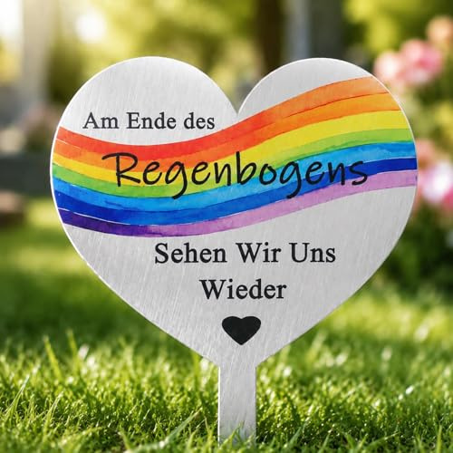 Jadeunm Decorazione tombale in metallo resistente alle intemperie, a forma di cuore con scritta Am Ende des Regenbogen, decorazione per tomba, resistente alle intemperie, per cimiteri e