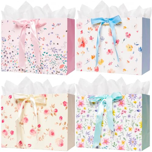4Pack Large Gift Bags for Present,4 Assorted Floral Design,26x 32 x 12CM | with Tissue Paper & Ribbon,Ideal For Women Girl's Birthday,Mother's Day Bridal Showers Weddings Anniversary