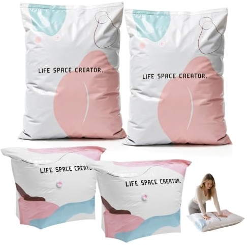 Vakuumbeutel ohne Pumpe 4er Set: 2x M (70x50x30cm) & 2x L (100x80x30cm) – Platzsparende No-Pump Aufbewahrungsbeutel für Kleidung, Bettdecken & Reisen – Luftdichte Kompressionsbeutel