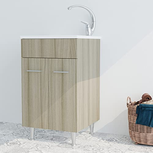Mobile lavatoio in legno 60x50 50x50 45x50 cm asse lavapanni pilozza vasca in resina lavanderia (60x50 cm, Rovere Chiaro)