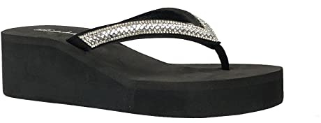 REDVOLUTION New Women's Rhinestone Sandals Platform T-Strap Jewel Sandals High Wedge Flip Flops, Gem [Black], 4.5 UK