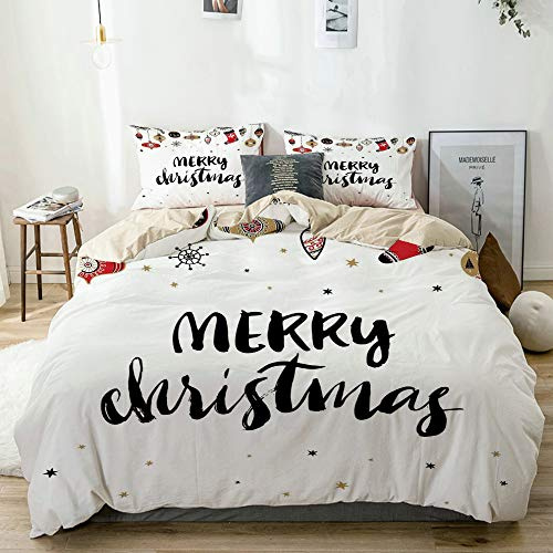 LASINSU beige Bettwäsche Set，Frohe Weihnachten Zitat mit modernen Pinsel Schriftzug Creative Noel Phrase,1 Bettbezug 200x200cm+2 Kopfkissenbezug 80x80cm