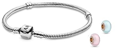 Pandora Moments Style Your Story Set Schlangen-Gliederarmband inkl. mattem rosafarbenen und blauen Murano-Glas Charm, Gr. 20cm