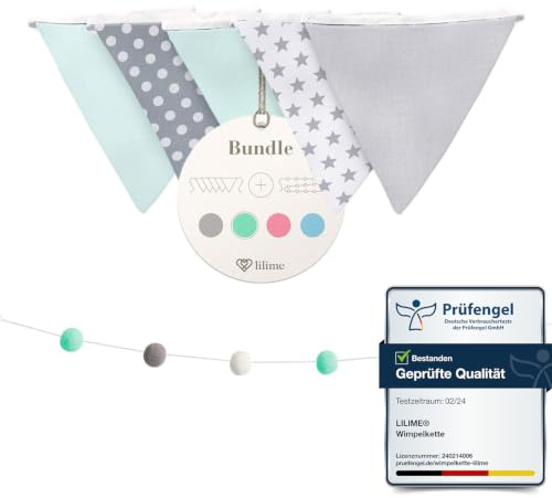 lilime® Wimpelkette Inkl. GRATIS Girlande ideal für Dekoration im Kinderzimmer - Unsere Wanddeko für Dein Kind - Super süße Deko für jedes Babyzimmer (1.9M/Grau-Weiß-Mint)