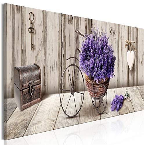 murando - Wandbilder XXL Blumen 120x40 cm 1 tlg - Wand Deko Vlies Leinwand Bilder Groß Wanddeko Wohnzimmer Schlafzimmer Kunstdrucke Panoramabild - Lavendel Holzoptik Fahrrad Herz