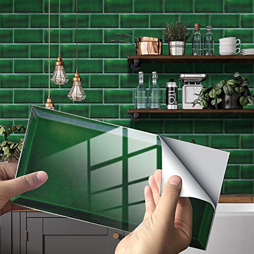 Hiseng 24/48pcs Kitchen Bathroom Marble Wall Tile Stickers, DIY Rectangle Mosaic Rock Style Decals Sticker for Kitchen Living Room Bathroom Home Decor Self-Adhesive (dark green,48pcs)