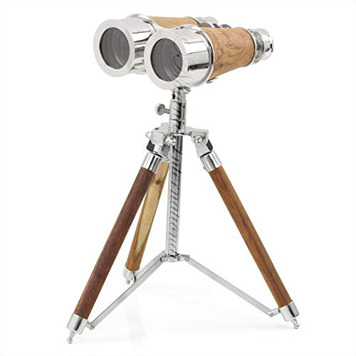 Binocolo nautico in ottone da 14 cm su treppiedi con barile in legno | finitura lucida nichelata | idee regalo nautiche vintage antiche capitani marine | idee regalo per la decorazione della casa da