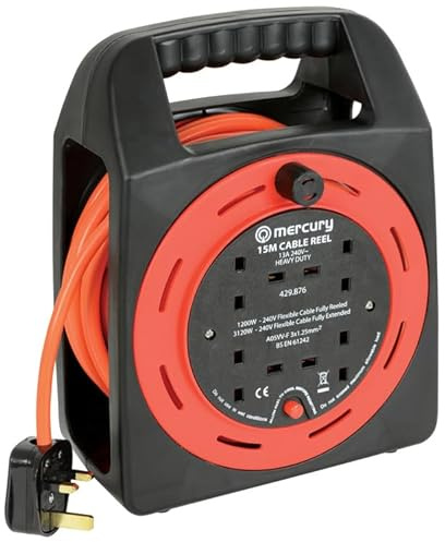 Netagon 4 Gang Way Power Outlet UK Plug Squared Cassette 15M Long Extension Reel Cord Lead with Integrated Carry Handle and Overload Protection